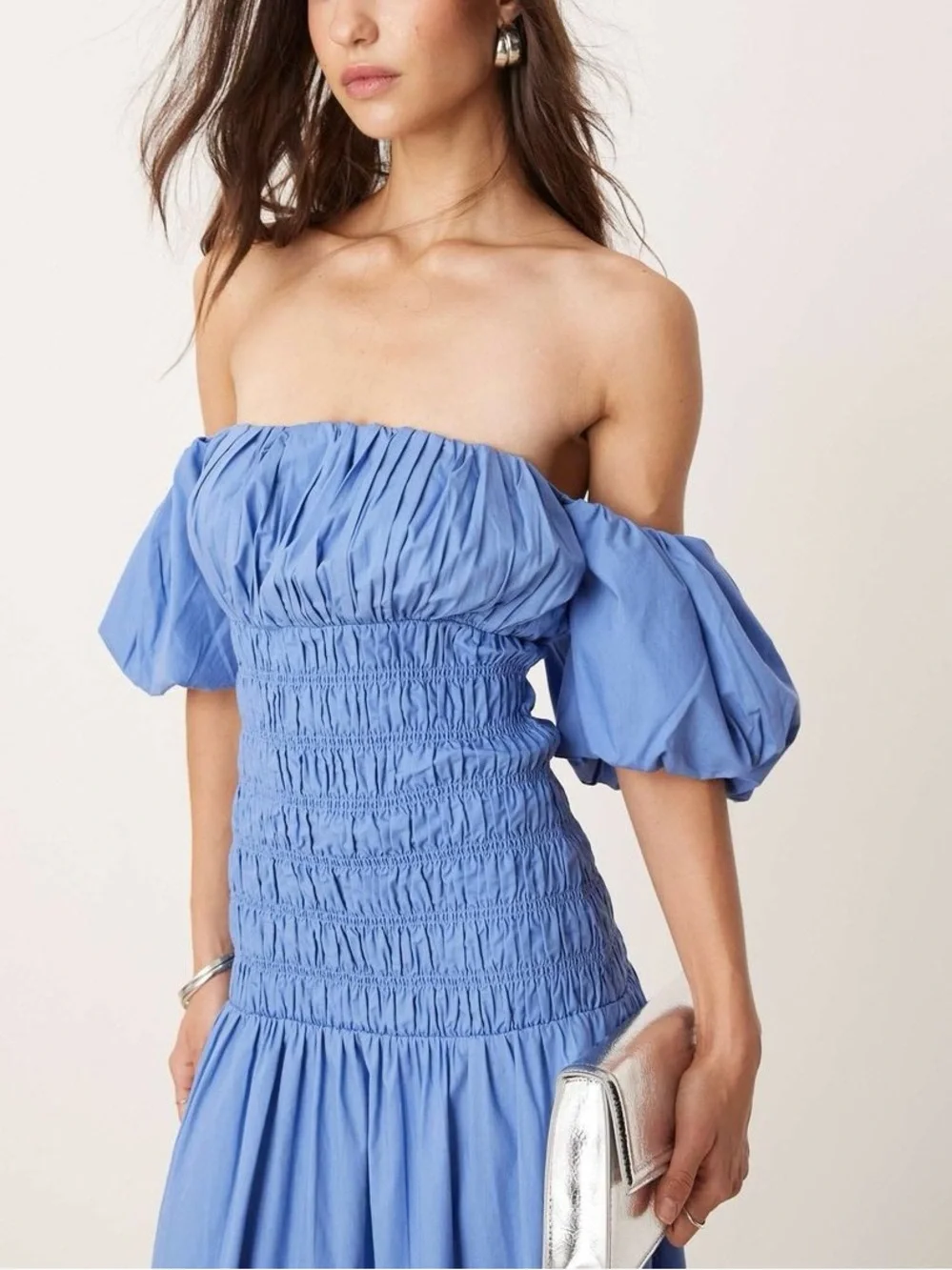 Abercrombie Cornflower Blue Off Shoulder Smocked Maxi Dress Cottagecore M
